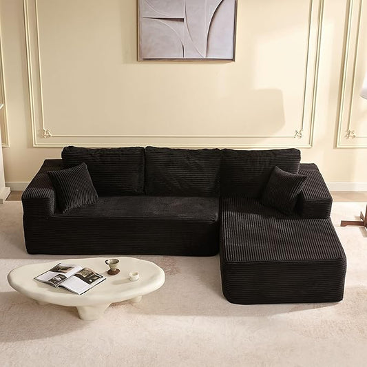 107" Boneless Couch with Deep Seat, Modular Sectional Sofa, Cloud Sectional Couch for Living Room, No Assembly Required, Corduroy, L-Shape Right，Black