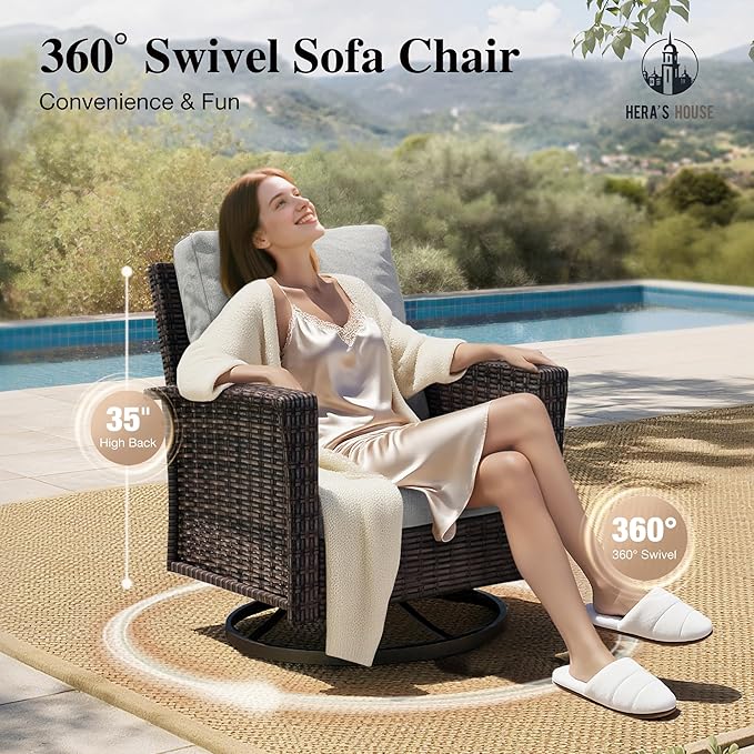 HERA'S HOUSE Gray Patio Furniture Set, Outdoor Sectional Seating Furniture, 35" High Back Swivel Wicker Chairs with 5.5" Thick Cushions, 6-Piece Patio Conversation Sofa Sets for Deck Lawn Backyard