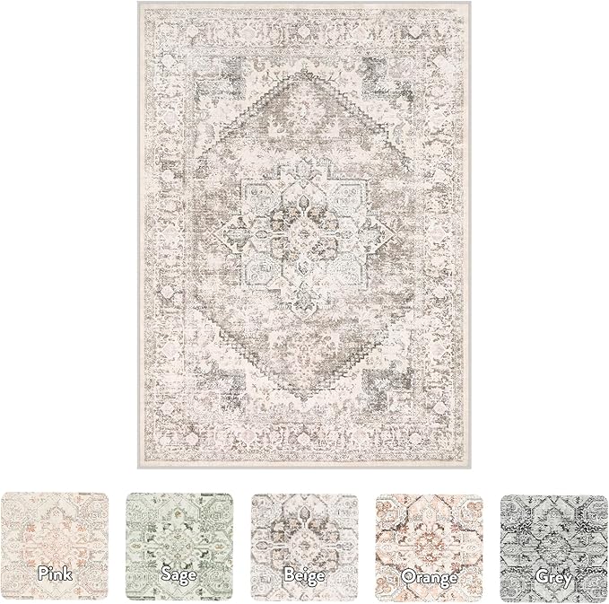 LIVEBOX 5x7 Area Rugs for Living Room, Washable Nursery Beige Neutral Boho Rug, Soft Non-Slip, Low-Pile Vintage Medallion, Retro Faux Wool for Dining Room, Bedroom, Office