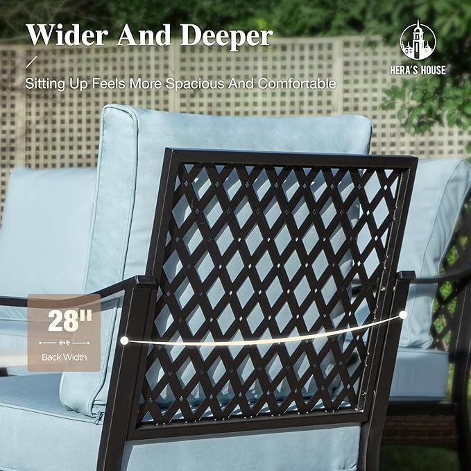 HERA'S HOUSE 4 Piece Patio Furniture Set with 56" Fire Pit Table, 2 x Swivel Cushioned Chair, 1 x 3-Seat Sofa, 5-Seats Outdoor Conversation Set for Lawn Garden Deck, Blue