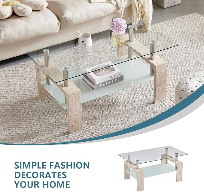 Living Room Rectangle Coffee Table, Tea Table Suitable for Waiting Room, Modern Side Coffee Table with Wooden Leg, Glass Tabletop with Lower Shelf (Yellow Travertine)