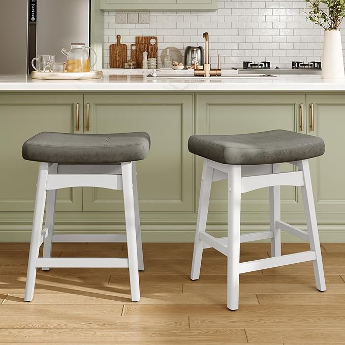 MAISON ARTS White Counter Height Bar Stools for Kitchen Counter Solid Wood Legs with Faux Leather Saddle Seat Farmhouse Barstools for 34"-38" Counter Island Upholstered Stools, 24in Height