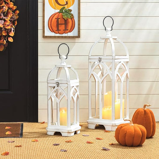 Glitzhome Farmhouse Decorative Lanterns Wooden Candle Lantern Church Window Frame Lanterns for Wedding Mantle Entryway Home Patio Balcony Garden, Pack of 2, Wash White, No Glass