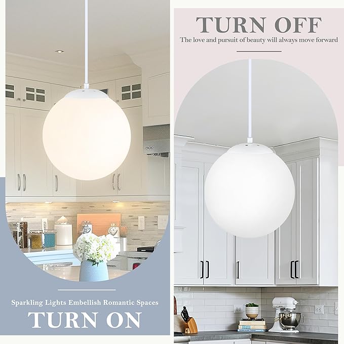 KoKo&Yukina 8 Inch Globe Pendant Light White Globe Pendant Lights Kitchen Island Mid Century Light Fixture with Milky White Glass Shade Adjustable Cluster Lights for Dining Room Living Room