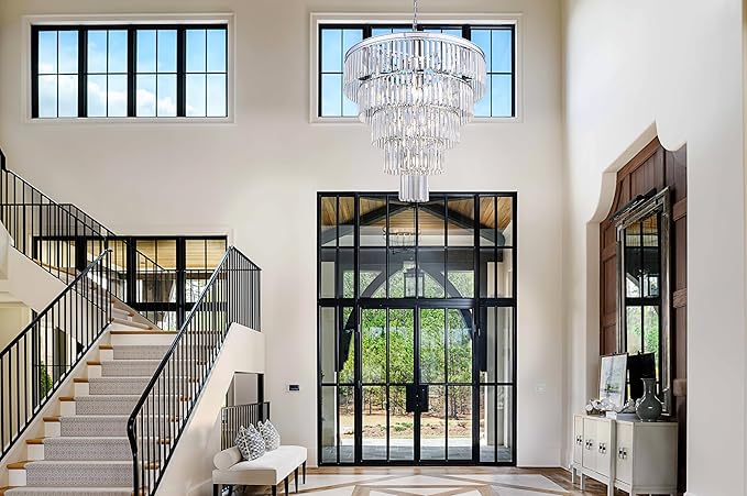 TOCHIC 10 Light Large Crystal Chandelier 31.5 inch, 5-Tier Contemporary Modern Chrome Crystal Chandeliers, Raindrop K9 Round Ceiling Light for Bathroom,Staircase, Entryway, Dining Room, Foyer, Kitchen