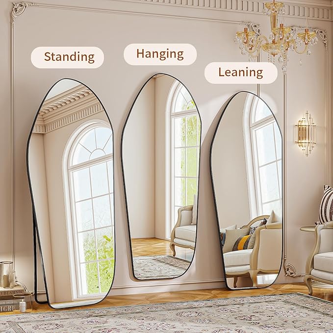 BEAUTYPEAK Irregular Full Length Mirror - 67x24 Inch Black Framed Modern Mirrors, Unique Shape Vanity Wall Mirror for Living Room Bedroom Entryway Hallway