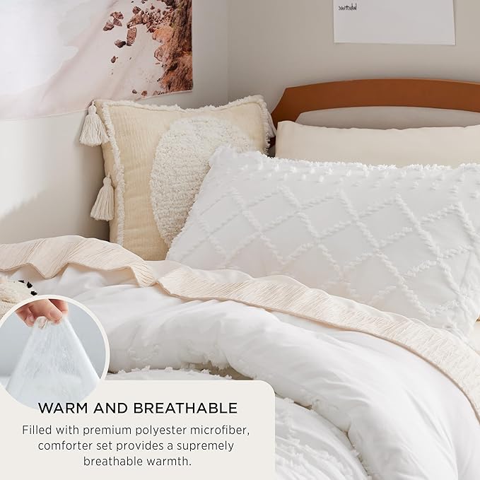 Bedsure Twin Comforter Set - White Boho Twin Comforter, Shabby Chic Dorm Bedding Set for Kids, 2 Pieces Modern Farmhouse Bed Set, Includes 1 Pillow Sham