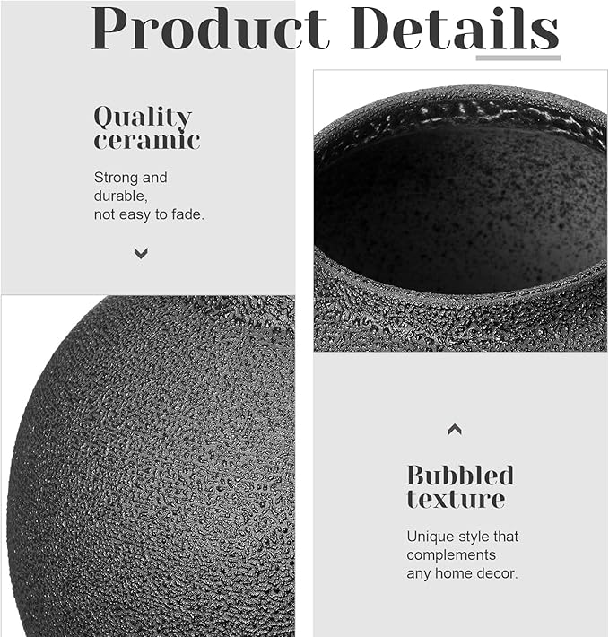 Black Ceramic Decorative Flower Vase 8.27" x 8.66" Textured Round Rustic Pottery Vintage Large Vase for Home Decor Centerpieces Living Room Christmas Decoration