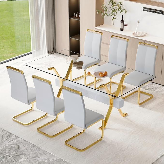 7 Piece Glass Dining Table Set, 79" Modern Dining Table Set for 6, 0.5" Thick Tempered Glass Tabletop with Silver Chrome Metal Legs and Grey Crossbar, 6 PU Chairs for Dining Room, Kitchen