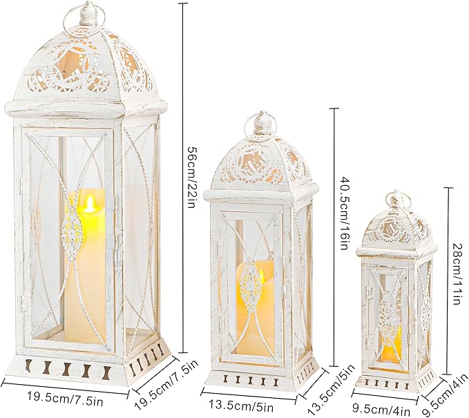 TRIROCKS Set of 3 Decorative Candle Lanterns 22''&16"&11" H Vintage Metal Candle Holders for Garden Yard Patio Wedding Parties Events Indoors Outdoors(Beige with Gold Brush)