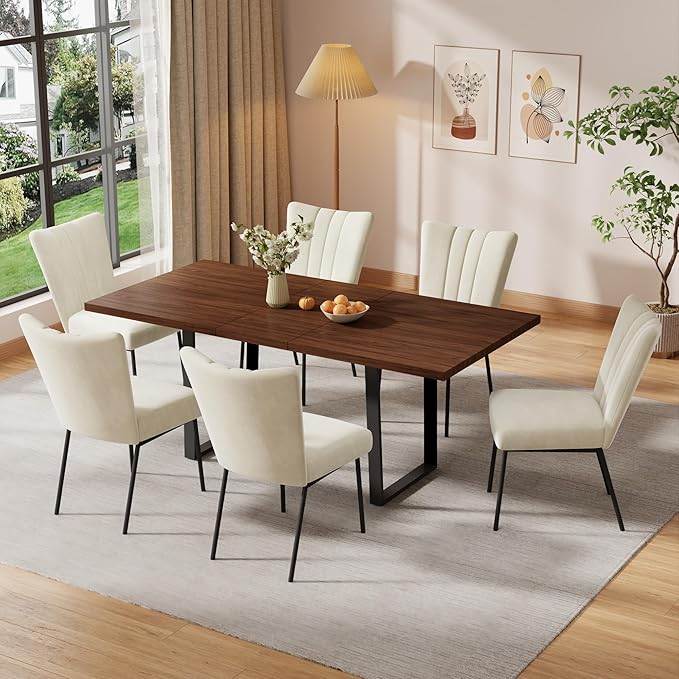 ZckyCine 51"-67" Expandable Dining Table Set, Modern 7-Piece Dining Room Set with 6 Velvet Upholstered Chairs, Walnut Wood Finish, Space-Saving Table for Home, Apartment, or Restaurant