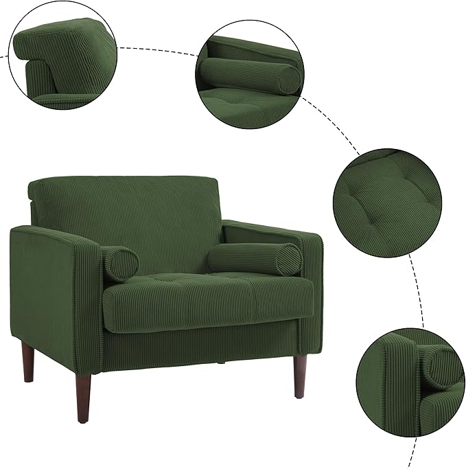 UIXE Accent Chairs Set of 2, Corduroy Fabric Upholstered Armchair Mid-Century Modern Arm Chair for Living Room, Comfy Single Sofa Bedroom Side Reading Seat - Green