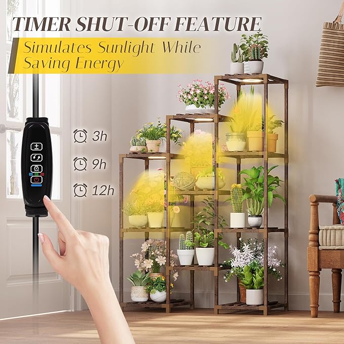 Wooden Plant Stand Indoor with Grow Light, 4-Tier Ladder Plant Shelf for Balcony, Living Room, or Corner | Carbonized Wood Plant Holder for Indoor Use, Space-Saving Design