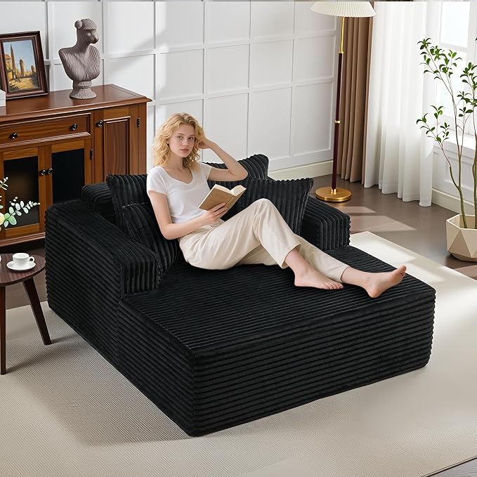 54.3"W Oversized Chaise Lounge Chair Indoor, Boneless Corduroy Sleeper Sofa Bed with 4 Pillows, Armrests, Comfy Fluffy Reading Couch, No Assembly Required Cloud Sofa for Living Room, Bedroom, Office