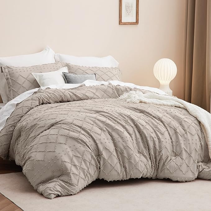 Bedsure Twin Comforter Set - Linen Comforter, Boho Tufted Shabby Chic Bedding for Kids, 2 Pieces Vintage Farmhouse Bed Set for All Seasons, Fluffy Soft Bedding with 1 Pillow Sham