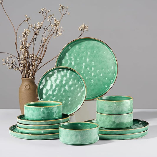 HaWare Dinnerware Sets, 12-Piece Plates and Bowls Set, Stoneware Dish Set for 4, Ceramic Dinnerware for Home Restaurant, Chip and Scratch Resistant, Microwave and Dishwasher Safe, Reactive Green