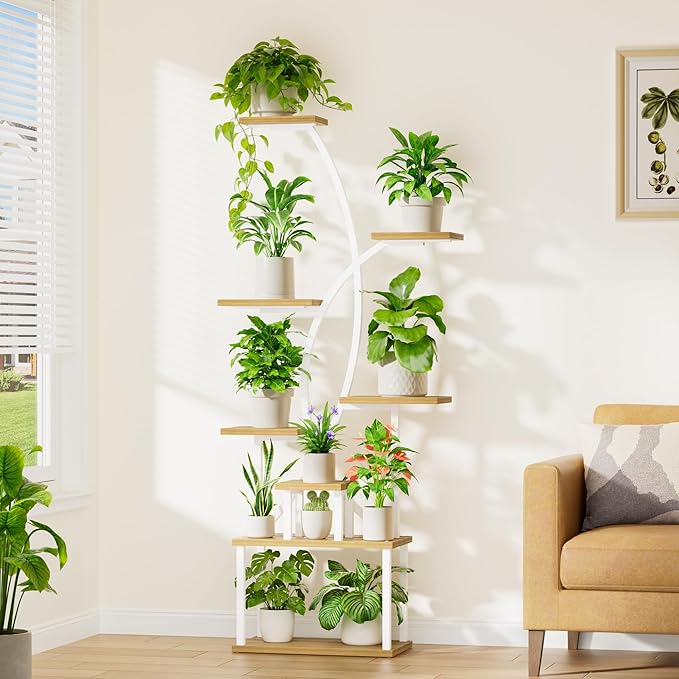 Plant Stand Indoor with Grow Lights, 8 Tiered Tall Plant Shelf for Indoor Plants Multiple, 65" Large Corner Shelves Metal Curved Flower Holder Display Rack for Living Room Patio Balcony, White