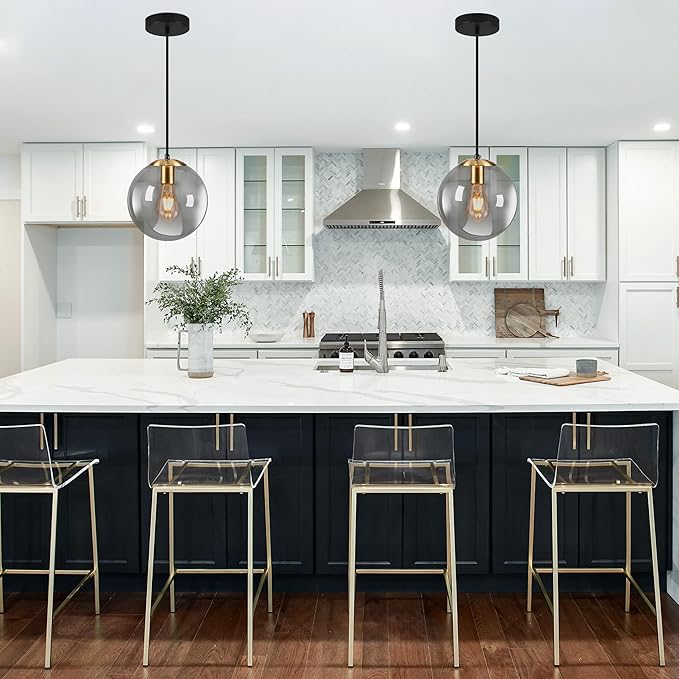 KoKo&Yukina 10 Inch Pendant Light Glod Globe Pendant Lights Kitchen Island Mid Century Light Fixture Adjustable Globe Cluster Lights with Grey Glass Shade for Dining Room Living Room