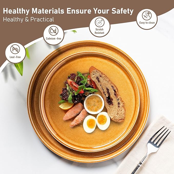 GBHOME Ceramic Dinnerware Sets for 4, 12 Pieces Stoneware Plates and Bowls Sets, Scratch Resistant Dishes, Dishwasher & Microwave Safe, Reactive Glaze-Amber