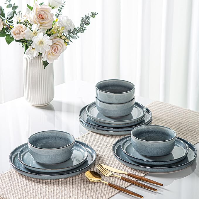 AmorArc Stoneware Dinnerware Sets for 8,Round Reactive Glaze Ceramic Plates and Bowls Set,Highly Scrath Resistant | Dishwasher & Microwave Safe Dishes Set,Service for 8 (24pc)