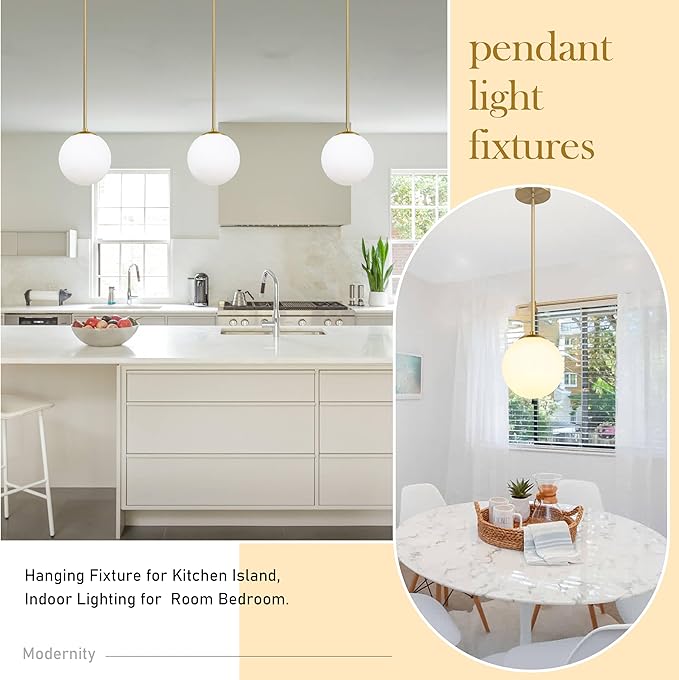 8" Globe Pendant Light Gold Mid Century Modern Light Fixture Globe Pendant Lights Kitchen Island Milk Glass Pendant Light Brushed Brass Finished with Milk Glass Lampshade for Dining Room