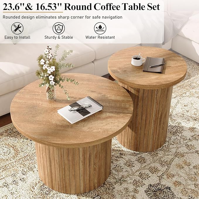 3-Piece Mid Century Modern Living Room Table Set, 70" TV Stand with Tambour Door, Nesting Round Coffee Table Set of 2, Wood Slats Entertainment Center with Storage, Natural Oak