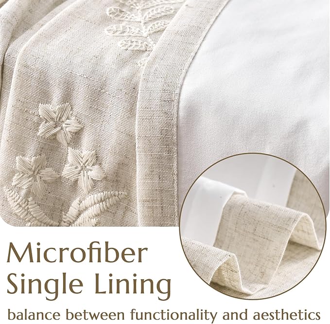 jinchan Belrose Lined Linen Blend Curtains Boho Floral Curtains for Bedroom 63 Inch Length Ivory Embroidered Drapes Rod Pocket Farmhouse Flower Drapes for Living Room Window Treatments Set 2 Panels