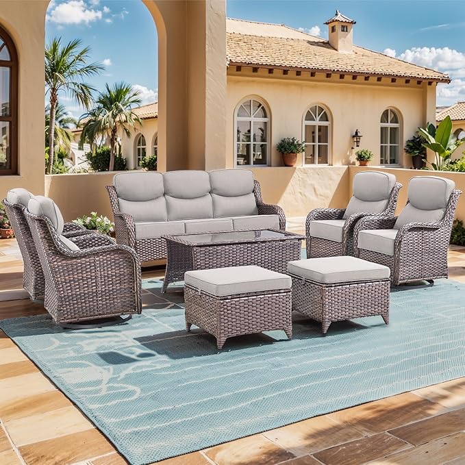 Luxury High Back Outdoor Furniture with 6-inch Extra Thick Cushions, Patio Furniture Set with Swivel Chairs, 8 PCS Wicker Conversation Set for Yard, Deck, Poolside, Brown/Beige