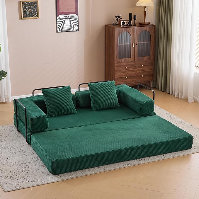 Convertible Folding Mattress Couch, Floor Sofa Bed with Fixed-Shape Frame, Corduroy Floor Sofa with Armrest, Floor Sofa Lounge Couch for Living Room Bedroom Lounge Studio-Emerald Green