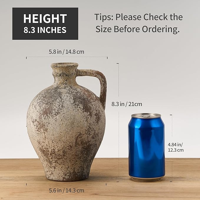 Antique Ceramic Vase, 8.3 Inch Terracotta Vase with Handle, Tuscan Decor Decorative Vase, Rustic Vase for Home Decor, Farmhouse, Living Room, Floor, Wedding, Christmas- Gray