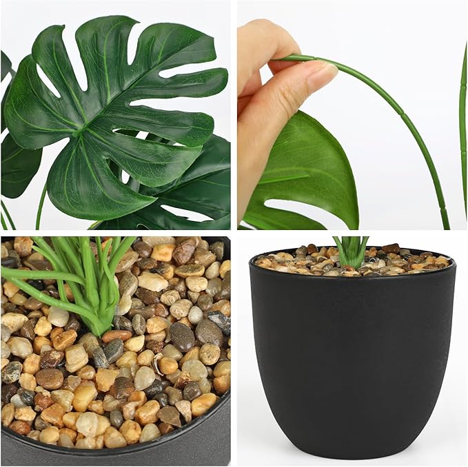 Briful Lush Artificial Monstera Plant - Realistic Green Leaves, Stylish Black Pot, 14.9-Inch Tall, Fake Plants for Home & Office Farmhouse Wedding Decor (2 Piece)