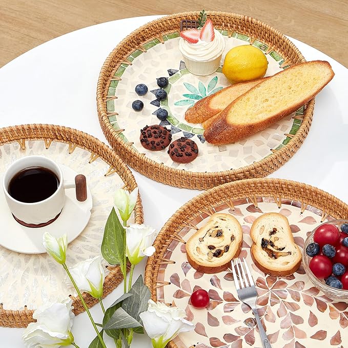 Round Rattan Tray with Mother of Pearl Inlay, Rattan Serving Tray with Wooden Base, Decorative Wicker Basket for Table Decor, Storage and Display of Coffee Bread Food Fruit (Bohemia)