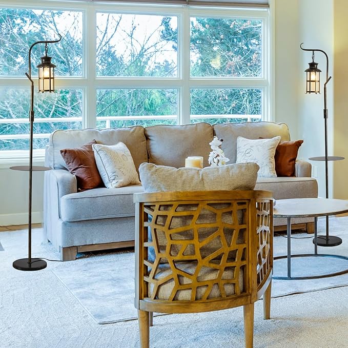 Vintage Dimmable Floor Lamp with matel Table,Classical Lanterns Standing Lamp, Rustic Farmhouse Floor Lamp with Black and Bronze Finish, for Living Room Bedroom