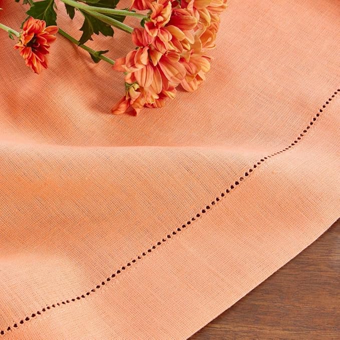 Solino Home Linen Coral Table Runner 72 Inches Long - 100% Pure Linen Hemstitch Table Runner 14 x 72 Inch for Dresser, Dining - Classic Hemstitch