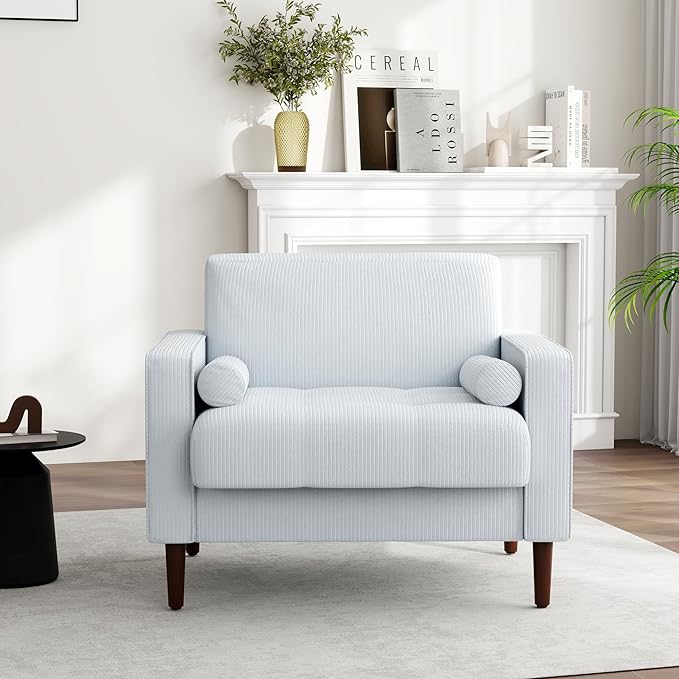 UIXE Corduroy Accent Chair, Modern Upholstered Arm Chairs Comfy Bedroom Reading Armchair with 2 Bolster Pillows, Mid-Century Track Armrest Tufted Living Room Single Sofa Lounge Seat (Beige)