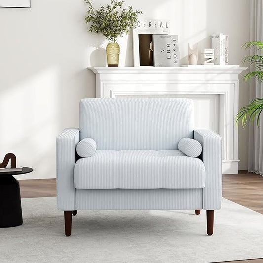 UIXE Corduroy Accent Chair, Modern Upholstered Arm Chairs Comfy Bedroom Reading Armchair with 2 Bolster Pillows, Mid-Century Track Armrest Tufted Living Room Single Sofa Lounge Seat (Beige)