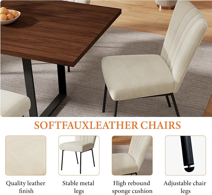 ZckyCine 63"-79" Expandable Dining Table Set for 6-8, Modern Walnut Table with Metal Legs and 6 White Velvet Upholstered Chairs, Kitchen & Dining Room Furniture, Easy Assembly