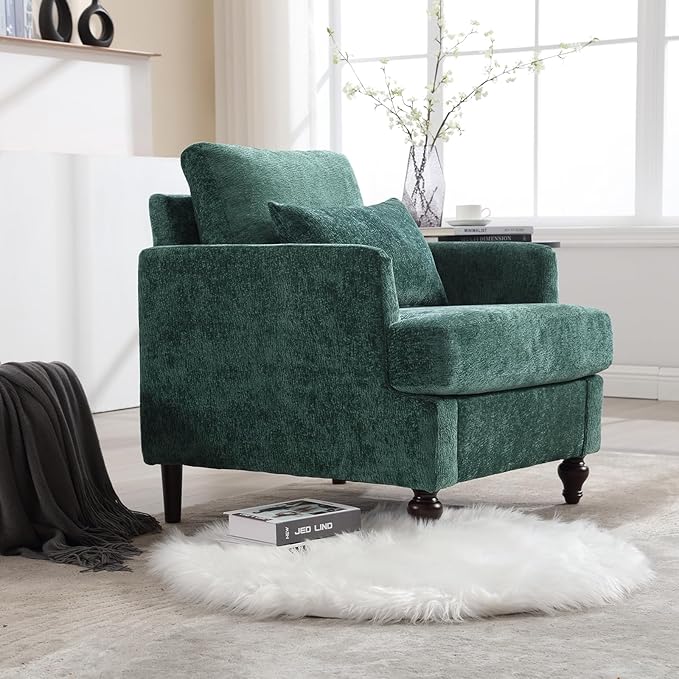 Furnilivng Mid-Century Modern Accent Chair, Comfortable Chenille Lounge Armchair, Upholstered Cozy Single Sofa Chair for Living Room, Bedroom, Reading Room, Home Office, Green