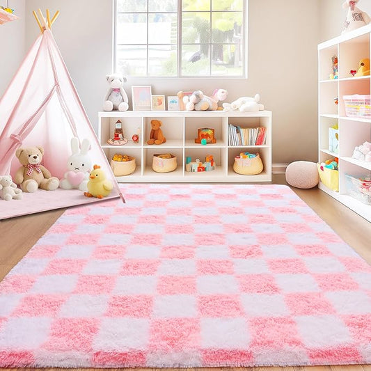 Checkered Rug for Living Room 6x9, Ultra Fluffy Fuzzy Shag Large Area Rug for Bedroom, Modern Plush Soft Upgrade Non-Slip Carpet for Kids and Girls Room Dorm Home Decor, Pink and White