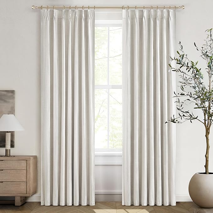 Birch Unique 80 Inch Pinch Pleated Curtains Blackout for Bedroom 2 Panel Set, Neutral Cream Linen Blend Pleat Memory Trained Drapes Room Darkening Insulated Nursery Back Tab 40x80 Inches Window Burg