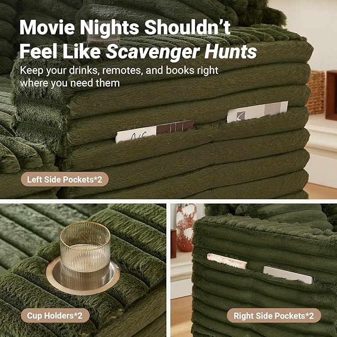 Chaise Lounge Chair Indoor, Amsleekey 64" Oversized Sleeper Chair with Wood Frame, Upholstered Sofa Bed for Living Room, Movie Room, Bedroom with 4 Storage Pockets&2 Cup Holders(Plush Corduroy, Green)