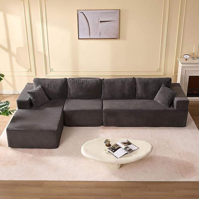 138" Boneless Couch with Deep Seat, Modular Sectional Sofa, Cloud Sectional Couch for Living Room, No Assembly Required, Corduroy, 4 Seater L-Shape Left, Grey