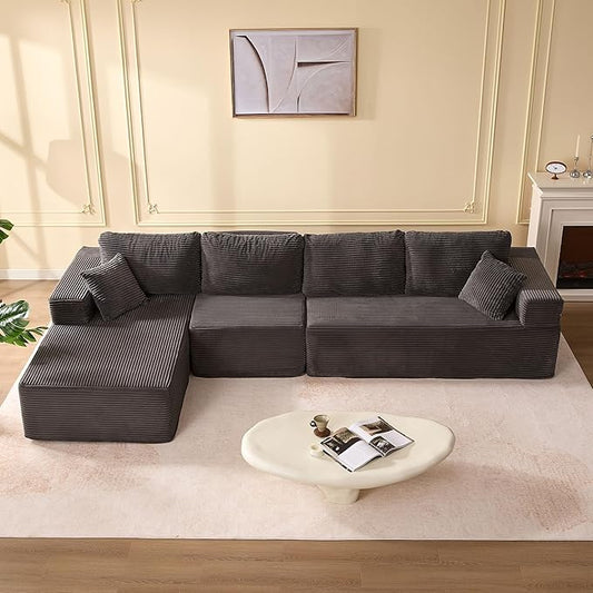 138" Boneless Couch with Deep Seat, Modular Sectional Sofa, Cloud Sectional Couch for Living Room, No Assembly Required, Corduroy, 4 Seater L-Shape Left, Grey