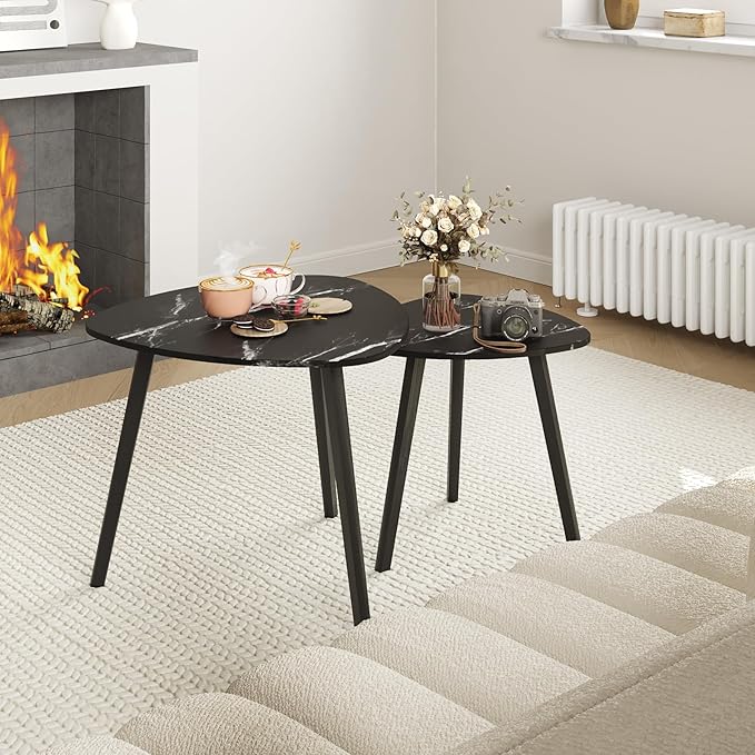 BAMEOS Bamboo Nesting Triangle End Table,Set of 2 Coffee Table Modern Minimalist Side Table for Living Room (Marble Black)