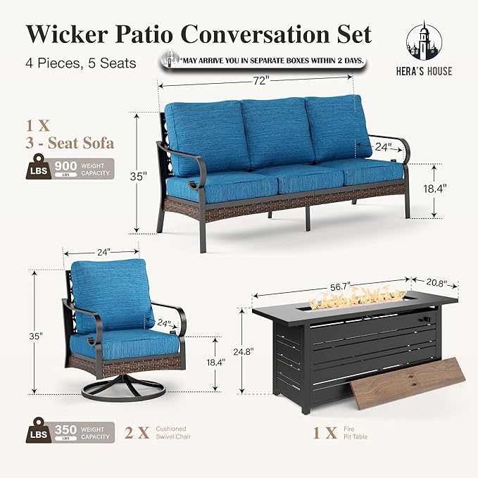 HERA'S HOUSE 4 Piece Patio Furniture Set with 56" Fire Pit Table, 2 x Swivel Cushioned Chair, 1 x 3-Seat Sofa, 5-Seats Outdoor Conversation Set for Lawn Garden Deck, Pacific Blue