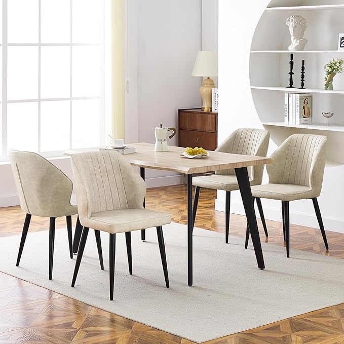 CLIPOP Faux Leather Dining Chairs Set of 4, Mid Century Modern Kitchen Chair, Upholstered Seat Leisure Side Chair with Backrests, Metal Legs for Living Room, Lounge, Guest Room, Cream