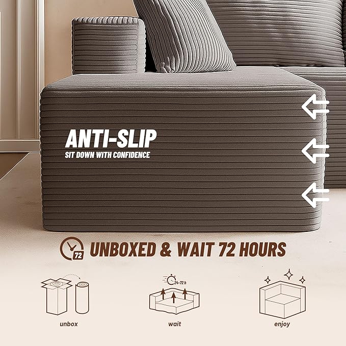 138" Boneless Couch with Deep Seat, Modular Sectional Sofa, Cloud Sectional Couch for Living Room, No Assembly Required, Corduroy, 4 Seater L-Shape Left, Grey