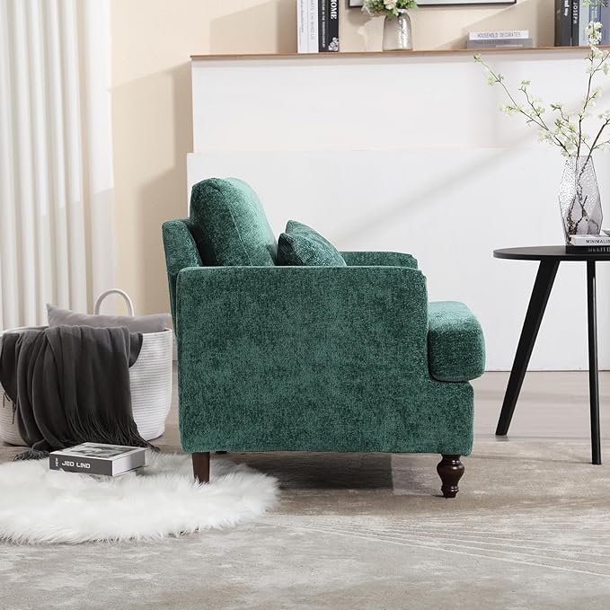 Furnilivng Mid-Century Modern Accent Chair, Comfortable Chenille Lounge Armchair, Upholstered Cozy Single Sofa Chair for Living Room, Bedroom, Reading Room, Home Office, Green