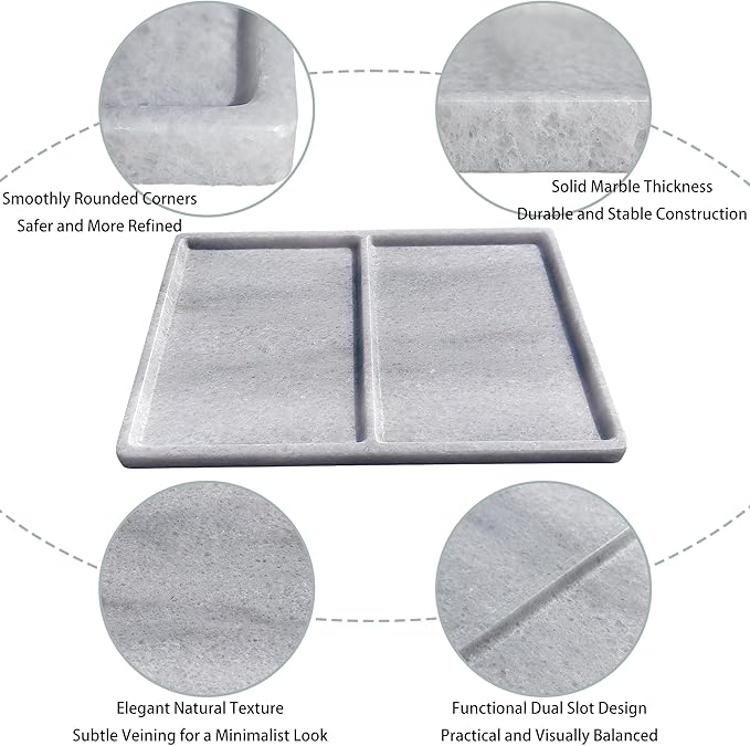 10"x8" Natural Marble Decorative Tray – Dual‑Compartment Stone Vanity Organizer for Jewelry, Keys & Soap – Premium Heat‑Resistant Bathroom Decor Gift(Belken White)