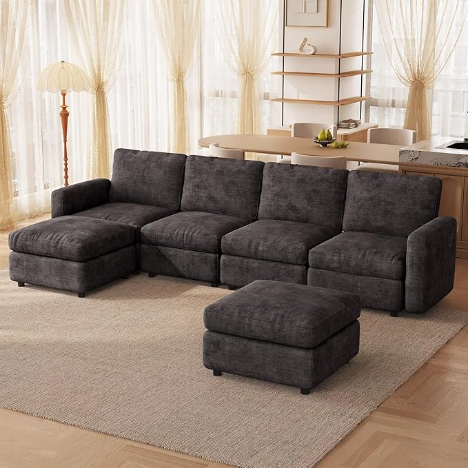 Cloud Couch Modular Sectional Sofa with Ottoman,6 Seat Combination (4 Seater and 2 Ottomans), Grey Corduroy L Shaped Couch, Comfy Modular Sofa for Living Room, Bedroom, Lounge
